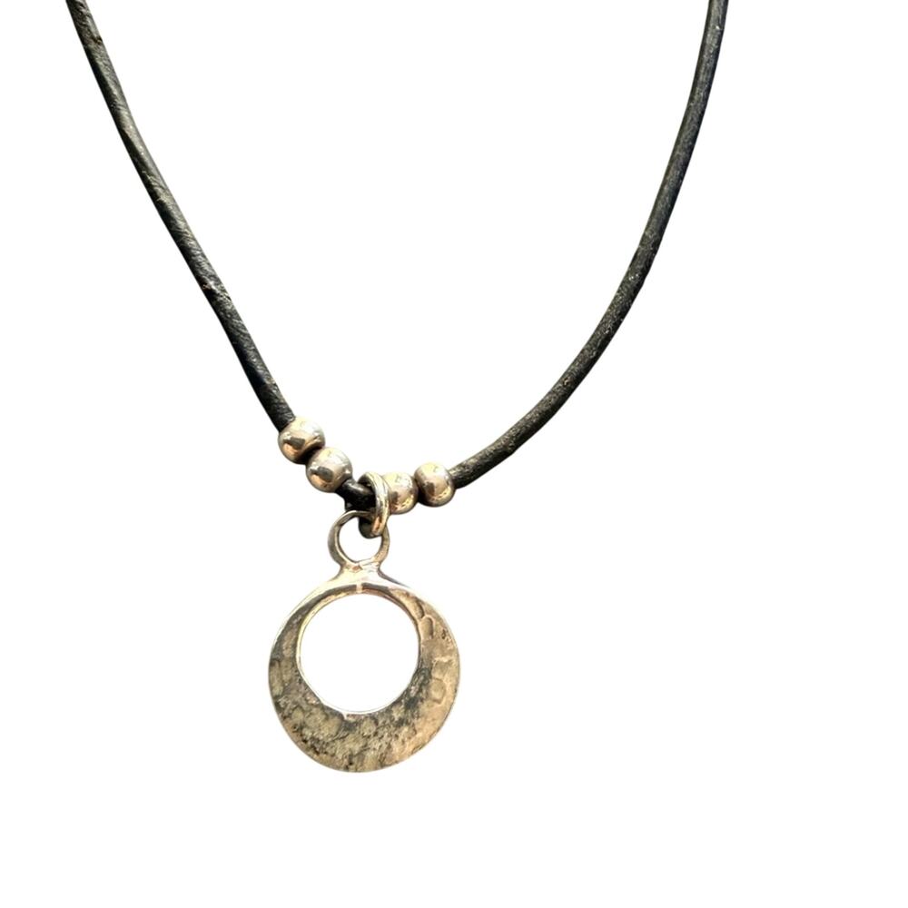 Silpada 925 Sterling Silver Circle Pendant Black Braided Leather Necklace